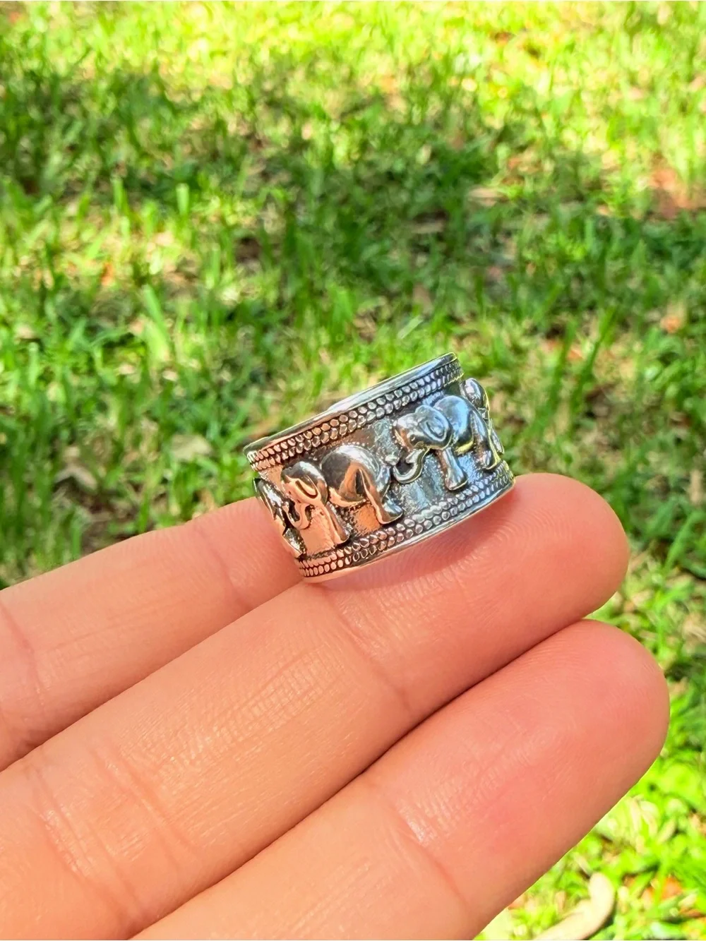 Sterling Silver 925 Elephant Motif Adjustable Band Ring - Silver